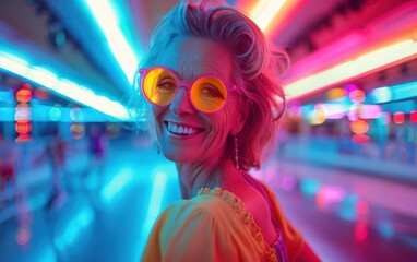 Obraz premium A cheerful senior woman with stylish yellow sunglasses glides through a vibrant roller skating rink illuminated by colorful neon lights