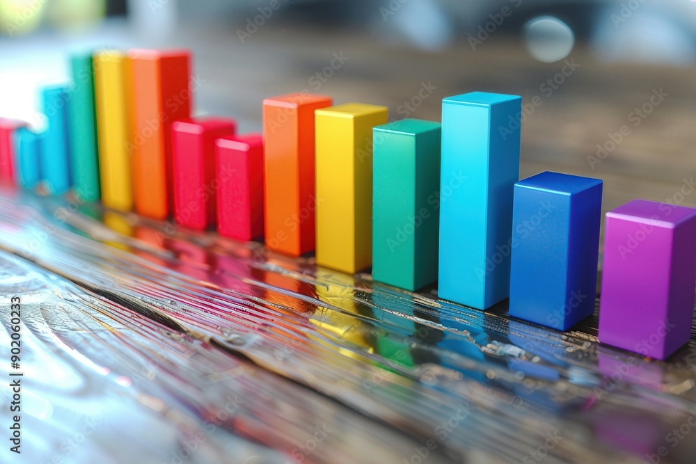 Aufkleber Colorful bar graph representing data visualization on a reflective wooden surface. Ideal for business, analysis, and presentation concepts.