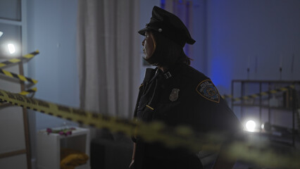 A middle-aged hispanic woman police officer inspects a dimly lit indoor crime scene.