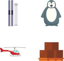 Vector icons of winter sports gear, cute penguin, flying helicopter, and stacked boxes
