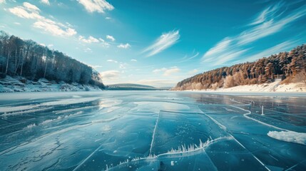Blue ice and cracks on the ice surface and frozen lake under blue sky in winter