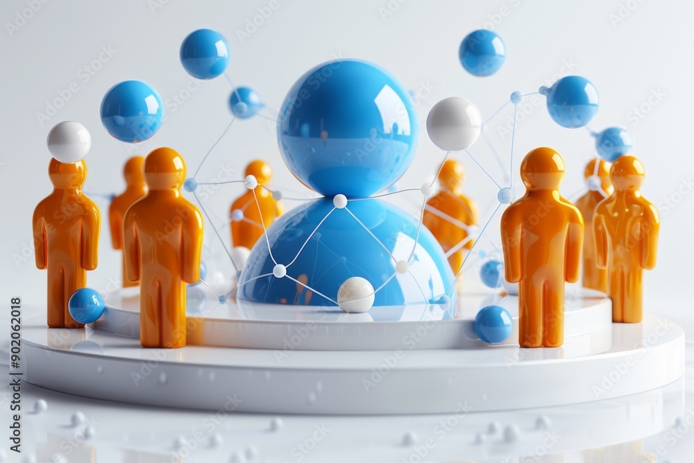 Aufkleber abstract representation of network and teamwork with blue and orange figures and spheres.