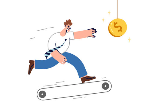 Businessman chasing unattainable goal, trying to grab coin and experiencing failure