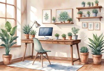 Watercolor modern and minimalist home office interior design illustration