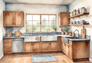 Watercolor modern and minimalist kitchen interior design illustration
