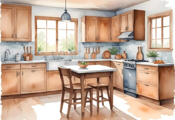 Watercolor modern and minimalist kitchen interior design illustration