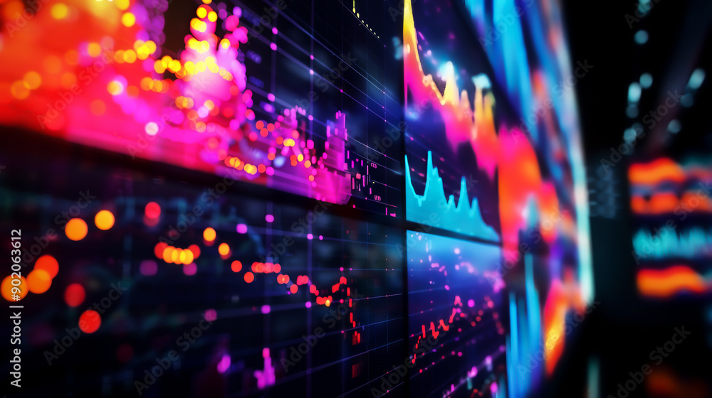Poster vibrant stock market data visualization with colorful graphs and charts on digital screens in a futu