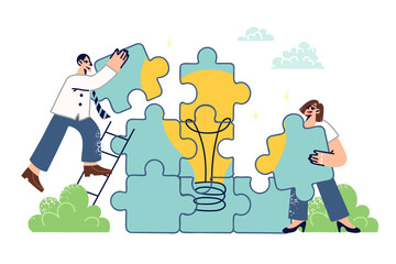 Team work on building new startup with innovative idea, from man and woman with puzzle pieces