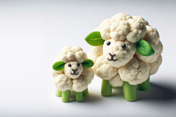 Creative food art, two cauliflower sheep with green leaves for ears. Larger cauliflower sheep standing behind smaller seated one. Imaginative vegetable transformation blending food art and nature.