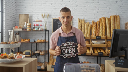 Handsome young man in bakery shop holding open sign stands by bread shelves and pastries
