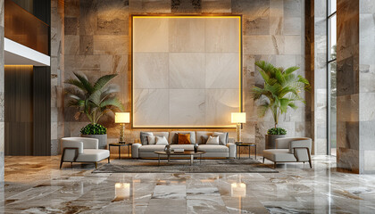 Sleek hotel lobby with minimalist lines with empty frame