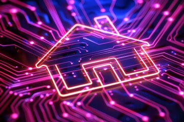 Obraz premium Neon pink house icon on vibrant digital circuitry symbolizing smart home technology and modern connectivity