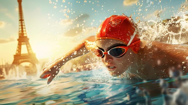 professional swimmer gliding through the water with the Eiffel Tower in the background, symbolizing the 2024 swimming sport games in France