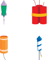 Set of four cartoonstyle firework icons isolated on a white background