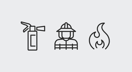 Firefighting and fire safety icons. Firefighting and fire safety trendy minimal icons set. Firefighter, Flame icon. Design signs for web page, mobile app, packaging design. Vector illustration.