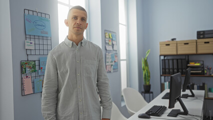 Young man standing in an office room with a wall full of notes and two computer workstations in the background