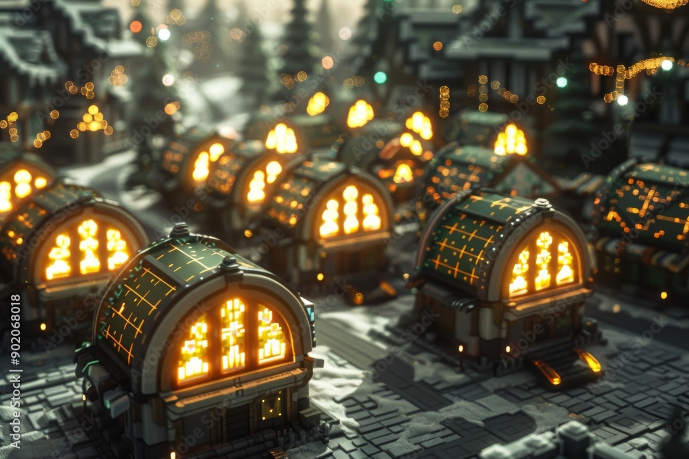 Aufkleber cluster of small glowing houses on circuit boards representing smart home technology and digital con