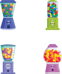 Set of four vibrant and colorful cartoonstyle gumball machines on a white background