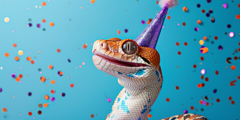 snake with intricate scales among pine branches and Christmas lights, creating a festive atmosphere with a bokeh effect in the background, symbolizing the Year of the Snake in a holiday setting