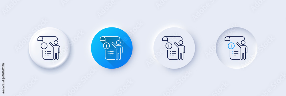 Poster manual doc line icon. neumorphic, blue gradient, 3d pin buttons. technical instruction sign. line ic