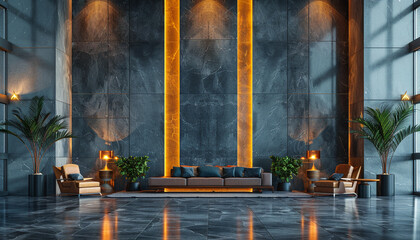 Sleek hotel lobby with recessed lighting