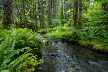 Dynamic Forest Ecosystem: A Harmonious Balance of Flora and Fauna Supported by a Clear Stream