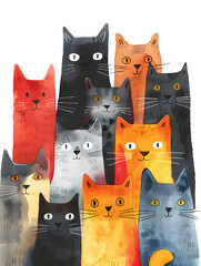 A group of small to mediumsized cats, including brown, orange, and yellow ones, all belonging to the Felidae family, are standing next to each other on a white background