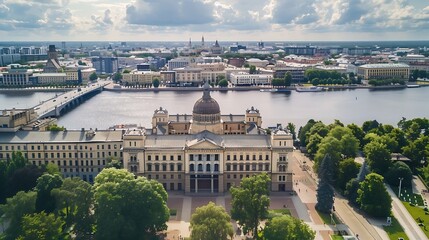 Obraz premium Aerial view of the Latvian academy of sciences in Riga in a summer cloudy day Latvia It was built between 1953 and 1956 dominates the skyline standing at 108m tall : Generative AI