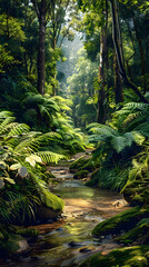 Dynamic Forest Ecosystem: A Harmonious Balance of Flora and Fauna Supported by a Clear Stream