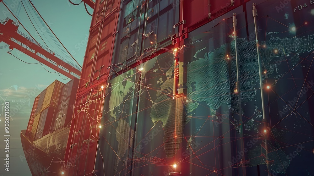Poster World map with logistic network distribution on background Logistic and transport concept in front Container Cargo freight ship for Concept of fast or instant shipping Online goods ord : Generative AI