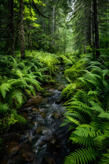 Fototapeta premium Dynamic Forest Ecosystem: A Harmonious Balance of Flora and Fauna Supported by a Clear Stream