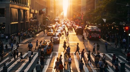 Obraz premium Busy intersection is crowded with people and cars on 5th Avenue and 23rd Street in New York City with sunset background : Generative AI