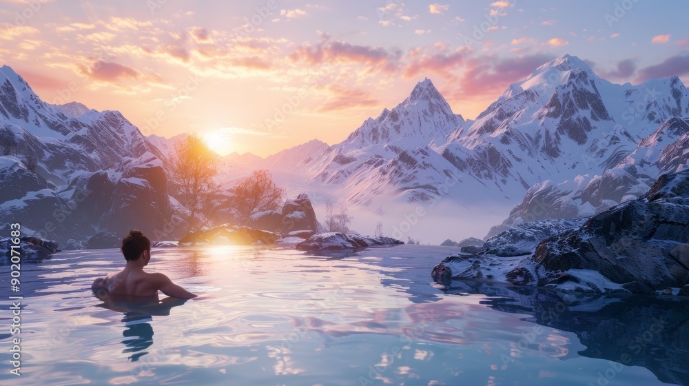 Poster a man is swimming in a pool with mountains in the background