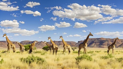 Fototapeta premium Panoramic landscape with a group of giraffes in Kalahari Desert Namibia Herd of giraffe pastured in savanna wild African animals in natural habitat safari and wilderness of the South o : Generative AI