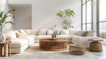 Interior of light living room with sofas rattan table and soft carpet : Generative AI
