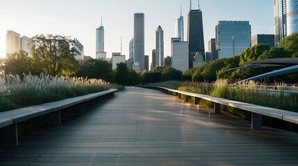 Obraz premium Chicago Skyline at Sunrise from the Wooden Bridge in Millennium Park Illinois : Generative AI