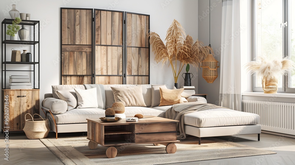 Poster light living room with folding screen comfortable sofa coffee table and chest of drawers : generativ