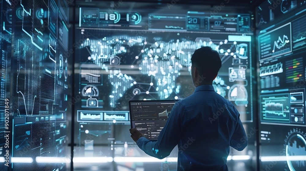 Poster Ai Businessman working with modern interface Business analytics Big data technology and data science Data flow conceptBusiness computing digital composite : Generative AI