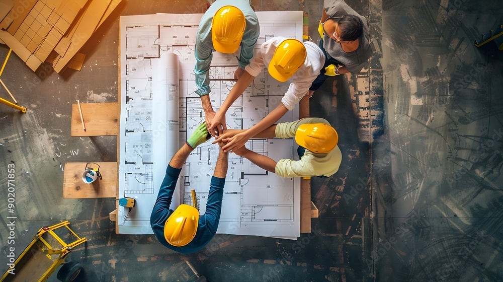 Fototapete top down aerial view of architect engineer team shake hands and discussing about building constructi