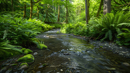 Obraz premium Dynamic Forest Ecosystem: A Harmonious Balance of Flora and Fauna Supported by a Clear Stream