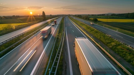 Obraz premium Transportation trucks in high speed driving on a highway through rural landscape on a beautiful sunset Fast blurred motion drive on the freeway : Generative AI