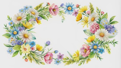 Watercolor floral wreath and frame set with yellow, blue, white, and pink wild flowers in circular shape for template , watercolor, floral