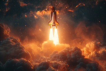 The space shuttle launches against a backdrop of a starry sky, symbolizing exploration, innovation, and the quest for knowledge. The image captures the power and excitement of space travel