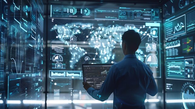 Ai Businessman working with modern interface Business analytics Big data technology and data science Data flow conceptBusiness computing digital composite : Generative AI