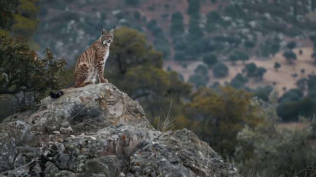 Iberian Lynx Lynx pardinus is a Wild Cat Species Endemic to the Iberian Peninsula in southwestern Europe Wild Animal in Ambush Camouflage in Andujar Spain Wildlife Scene of Nature in E : Generative AI
