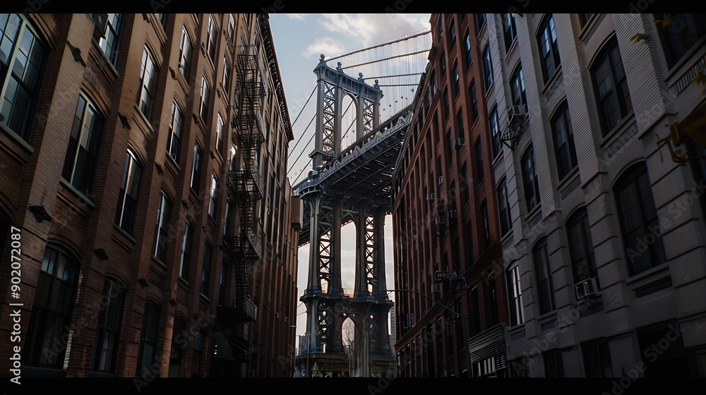 Poster view of the manhattan bridge in between two new york city apartment buildings : generative ai