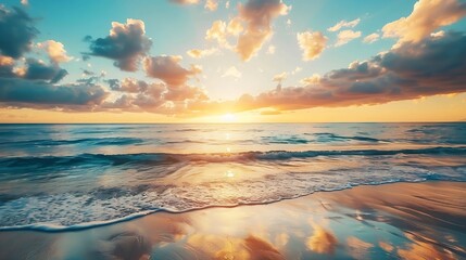 Fototapeta premium Sunset on tropical beach sea ocean with sunrise clouds Banner for travel vacation Scenery sky and reflection rays in water Orange and golden sunset sky calmness tranquil sunlight summe : Generative AI