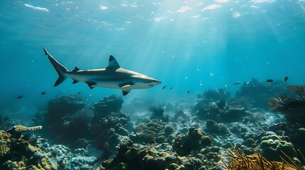Reef shark swimming The Caribbean reef shark is a species of requiem shark belonging to the family Carcharhinidae It is found in the tropical waters of the western Atlantic Ocean from  : Generative AI