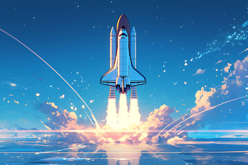 The space shuttle launches against a backdrop of a starry sky, symbolizing exploration, innovation, and the quest for knowledge. The image captures the power and excitement of space travel
