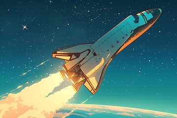 The space shuttle launches against a backdrop of a starry sky, symbolizing exploration, innovation, and the quest for knowledge. The image captures the power and excitement of space travel